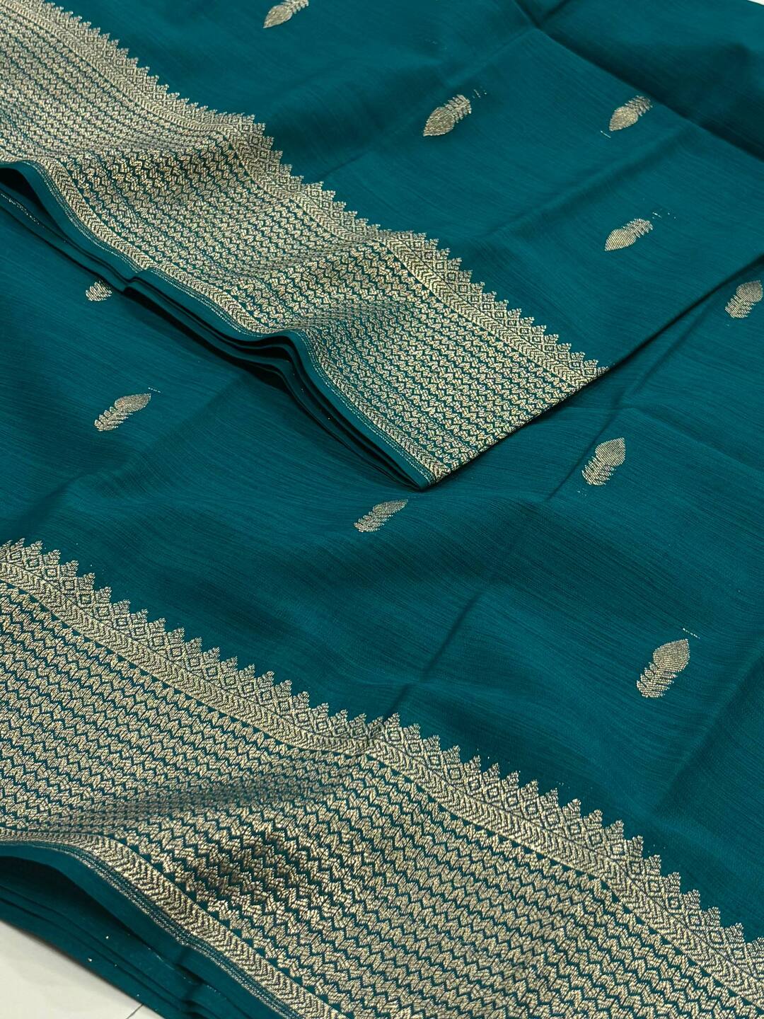 Peacock Blue Soft Cotton Silk Saree