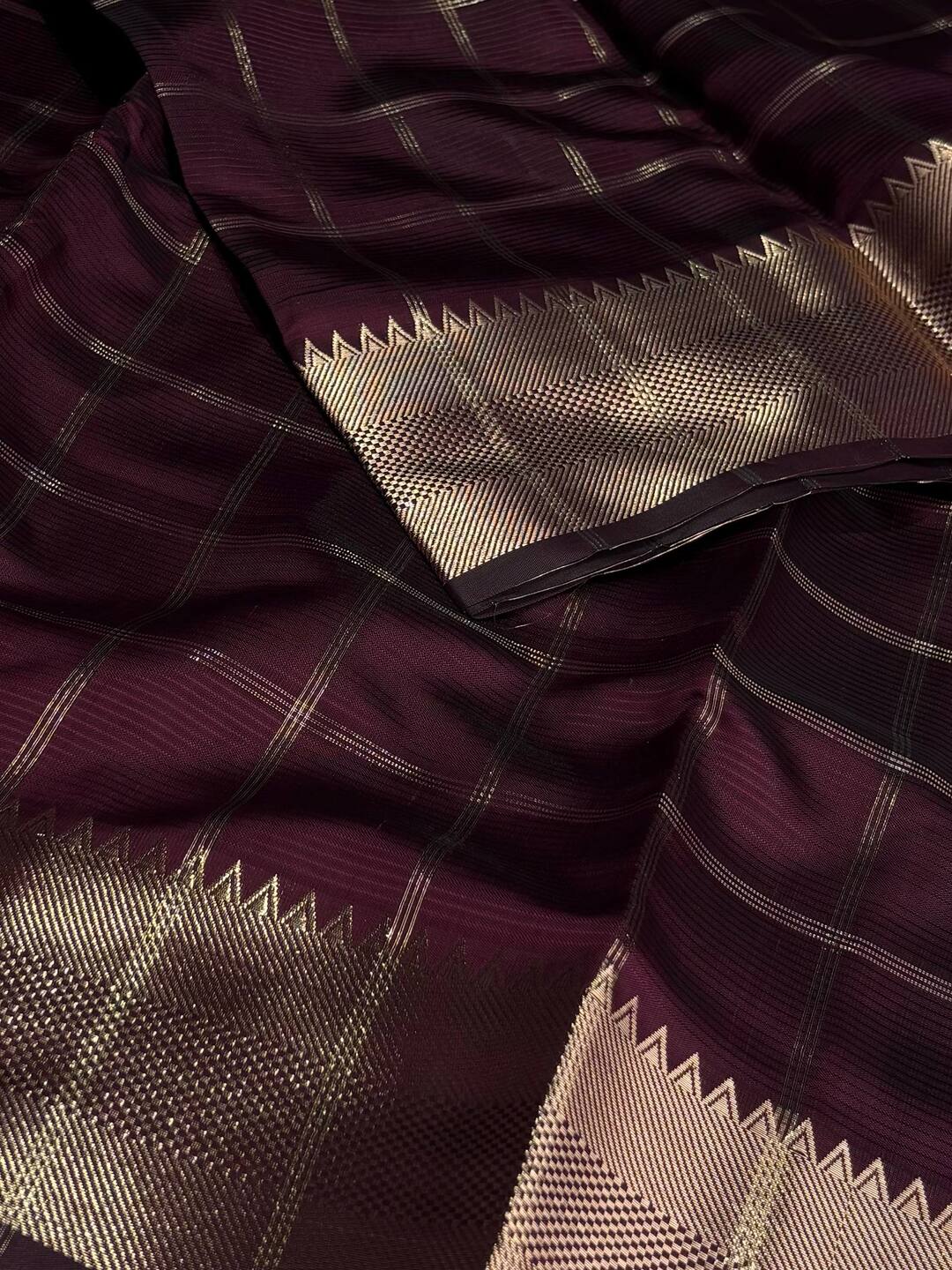 Burgundy Checked Cotton Silk Saree
