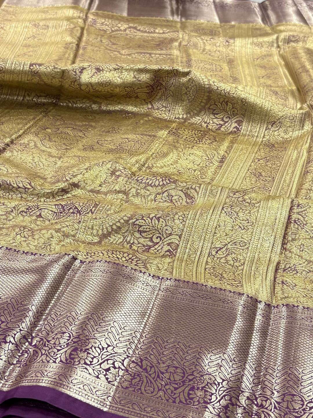 Off White With Pastel Yellow Semi Kanchi Silk Saree