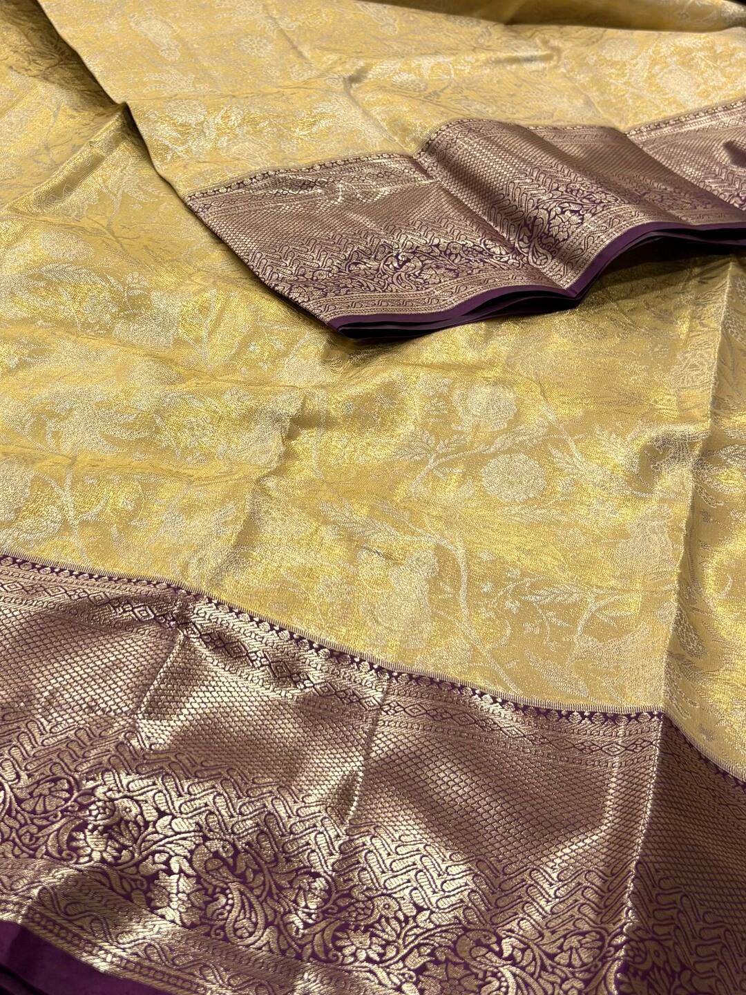 Off White With Pastel Yellow Semi Kanchi Silk Saree