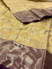 Off White With Pastel Yellow Semi Kanchi Silk Saree