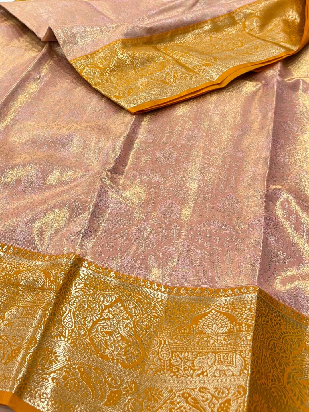 Pastel Pink With Golden Yellow Semi Kanchi Silk Saree