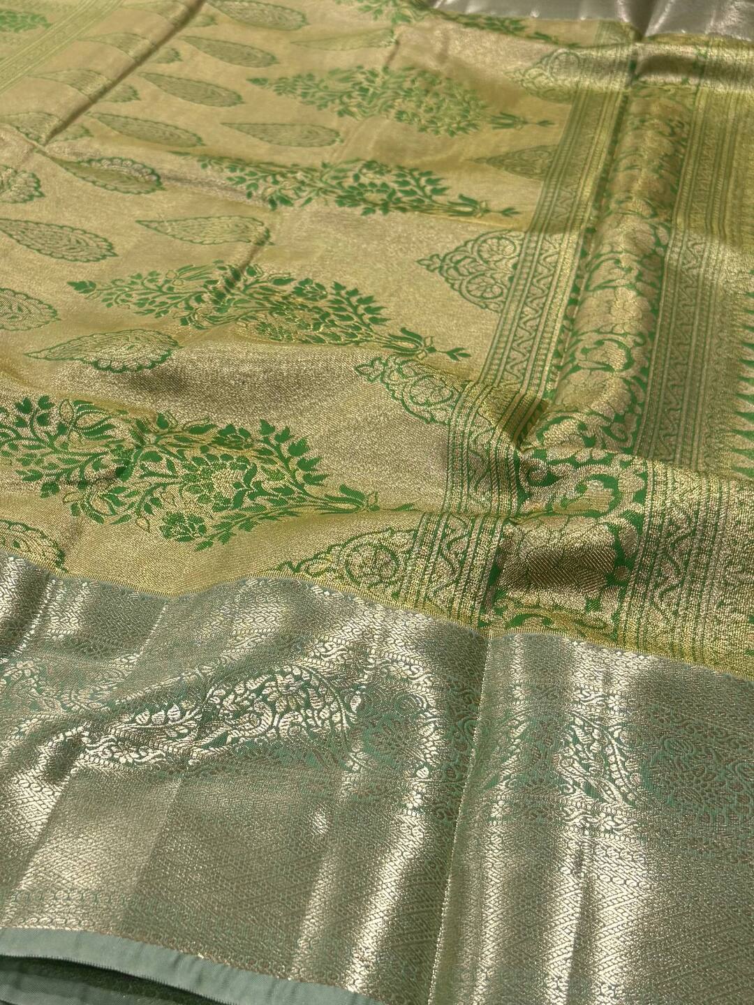 Pastel Yellow With MInt Green Semi Kanchi Silk Saree