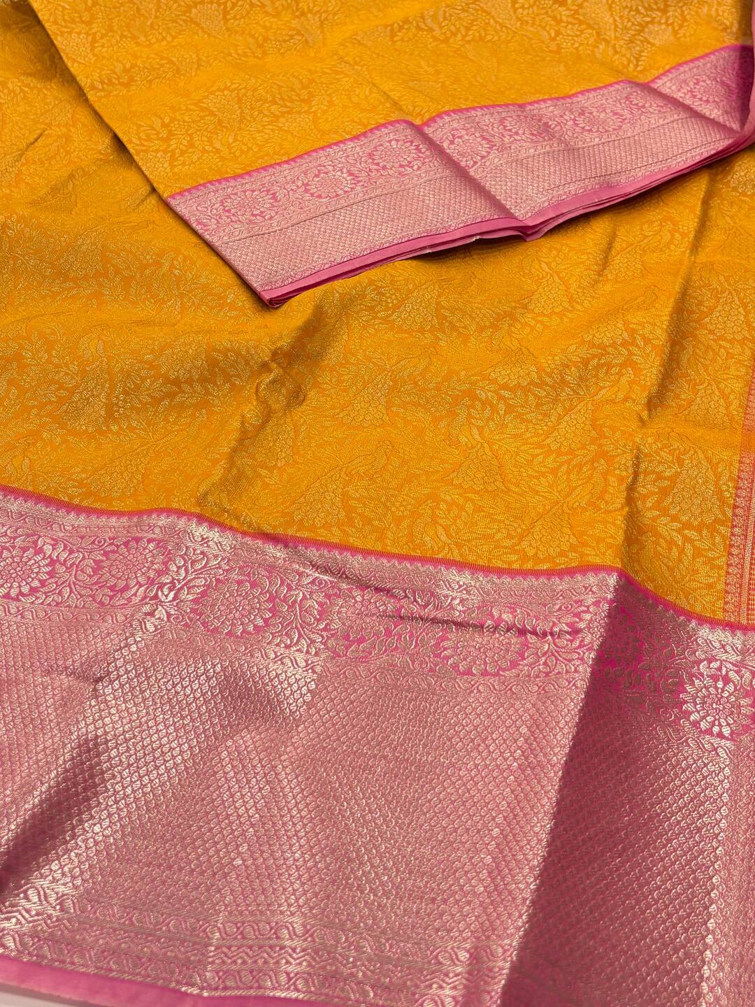 Yellow With Baby Pink Semi Kanchi Silk Saree