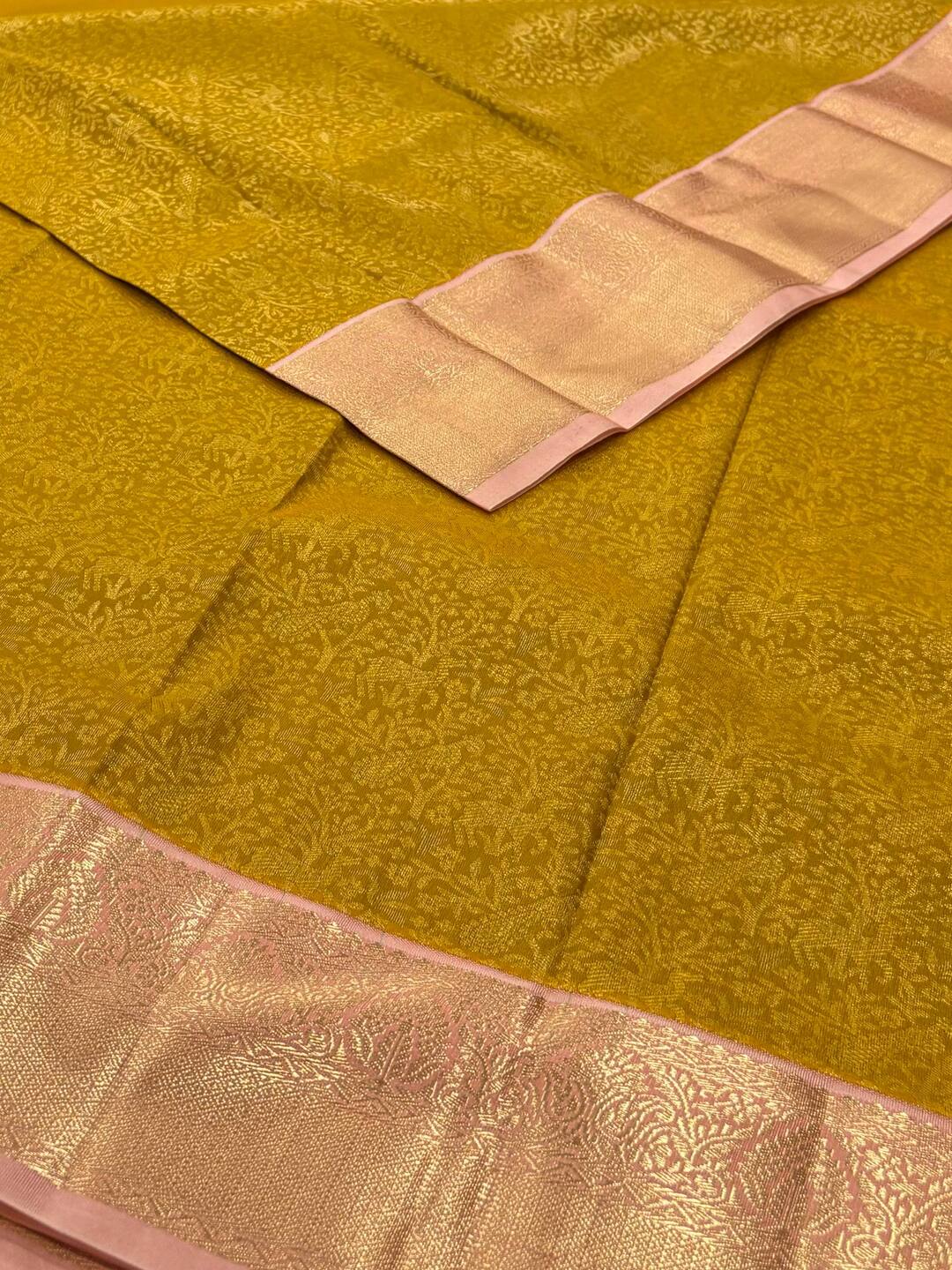 Apple Green With Pastel Pink Semi Kanchi Silk Saree