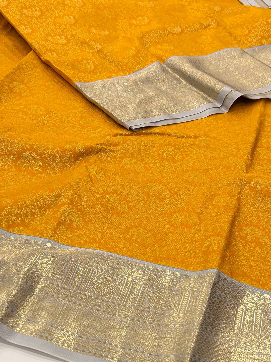 Yellow With Silver Semi Kanchi Silk Saree