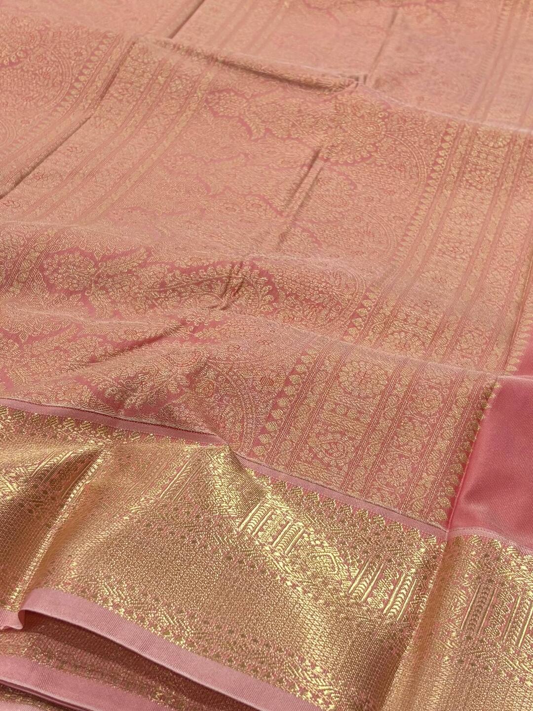 Mustard Yellow With Pastel Pink Semi Kanchi Silk Saree