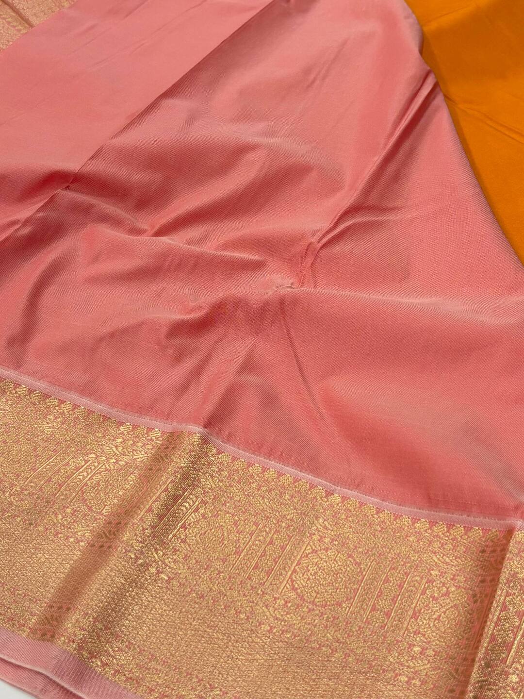 Mustard Yellow With Pastel Pink Semi Kanchi Silk Saree