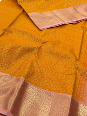 Mustard Yellow With Pastel Pink Semi Kanchi Silk Saree