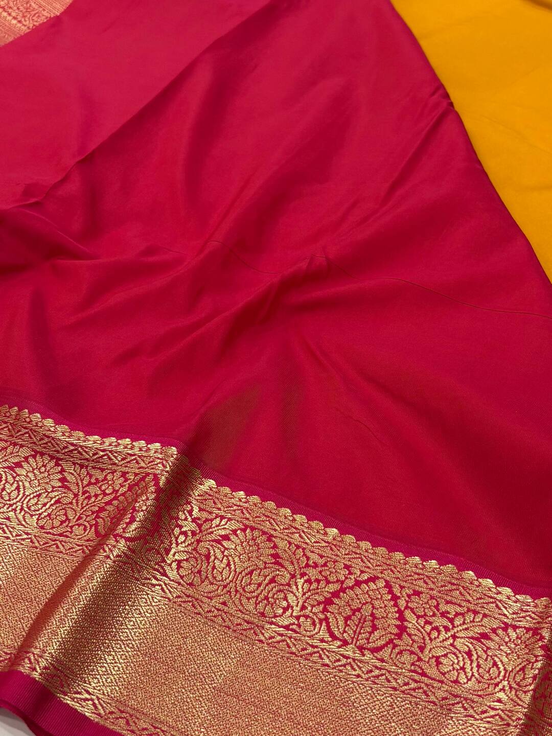 Mustard Yellow With Hot Pink Semi Kanchi Silk Saree