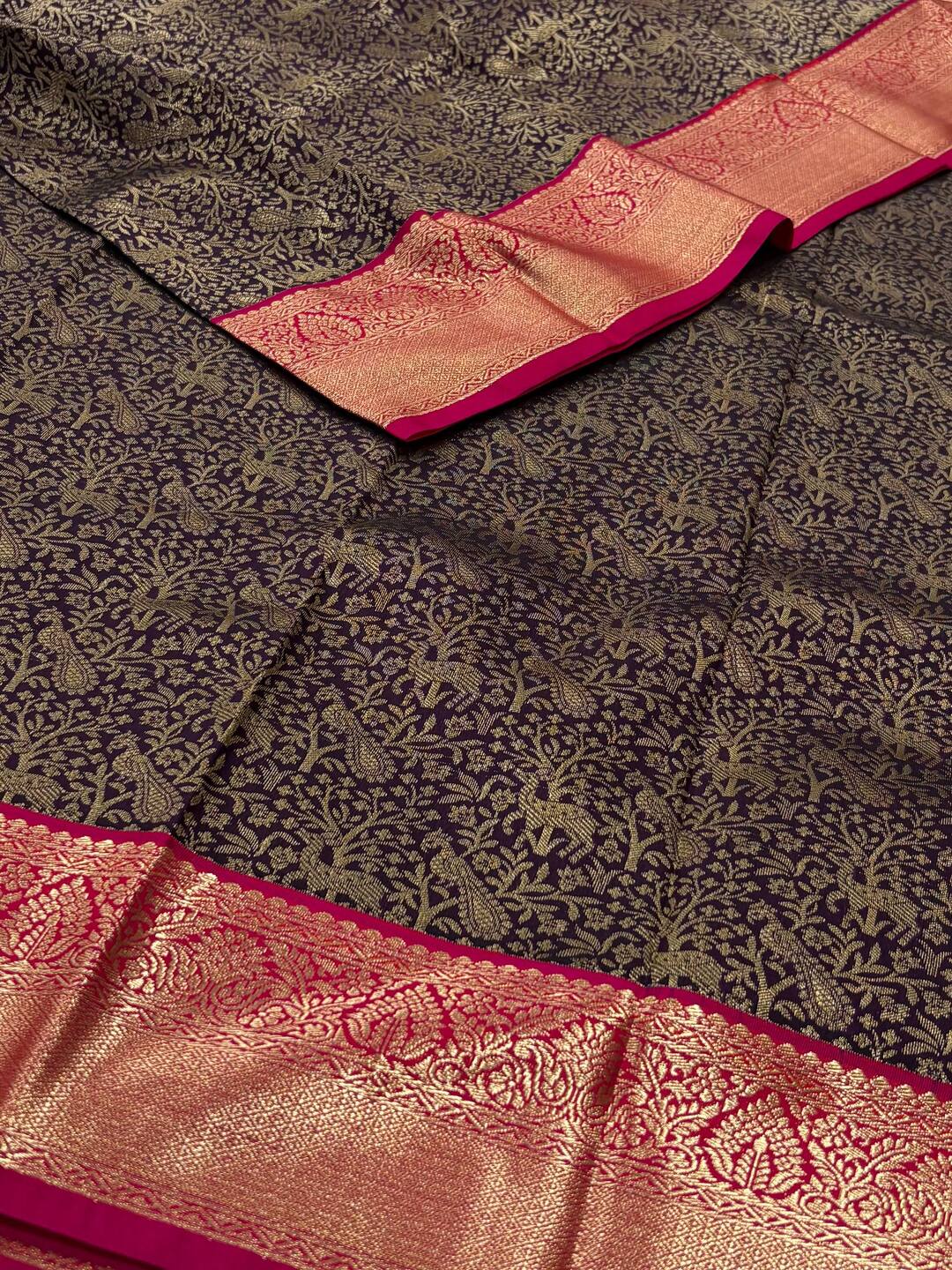 Dark Purple With Hot Pink Semi Kanchi Silk Saree