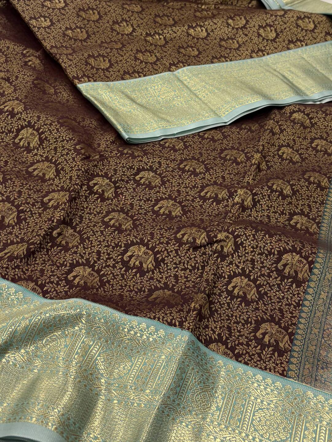 Dark Brown With Baby Blue Semi Kanchi Silk Saree