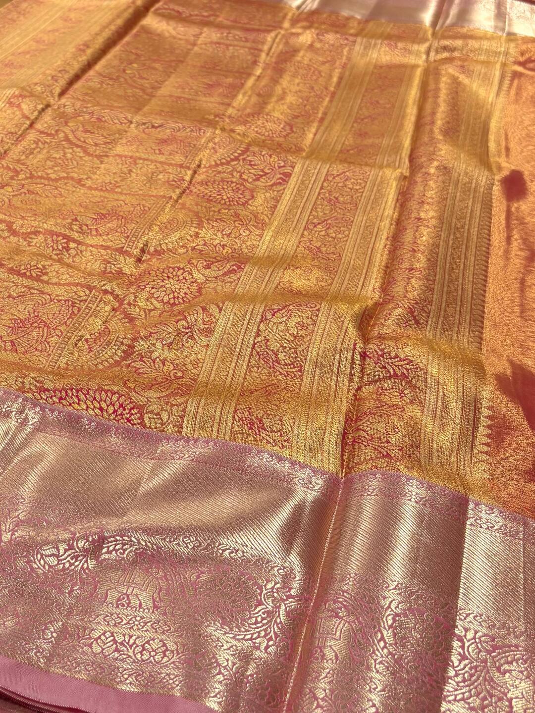 Mint Green With Pastel Pink Semi Kanchi Silk Saree