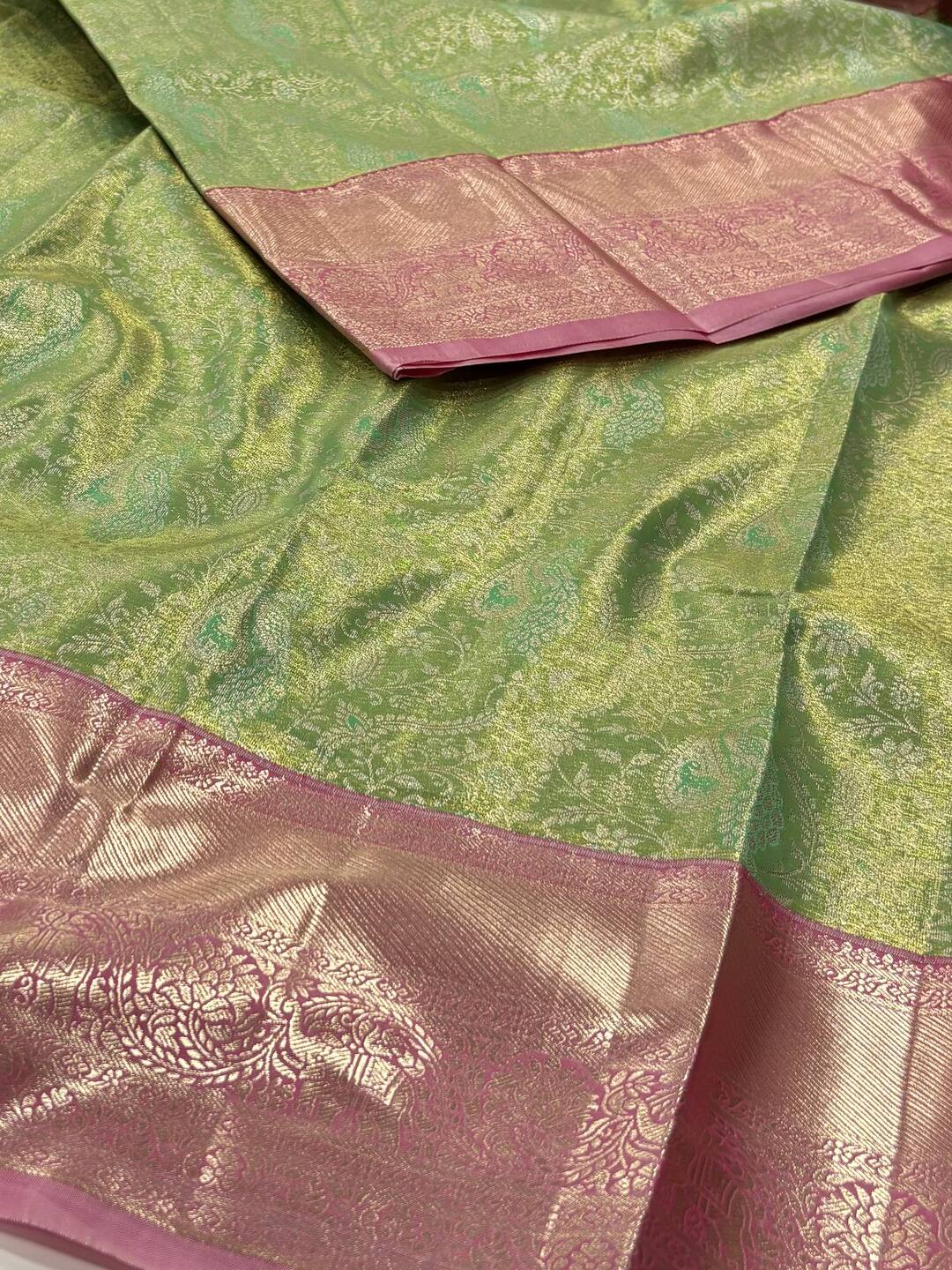 Mint Green With Pastel Pink Semi Kanchi Silk Saree