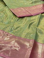 Mint Green With Pastel Pink Semi Kanchi Silk Saree