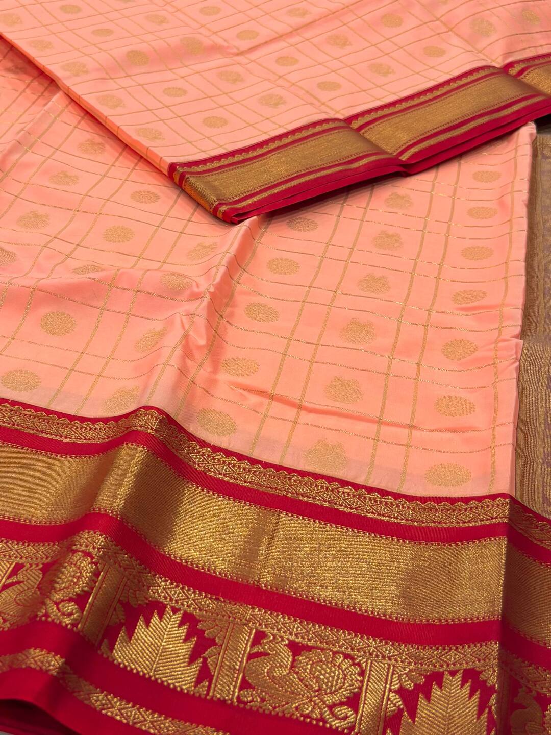 Peach Checked Semi Kanchi Silk Saree