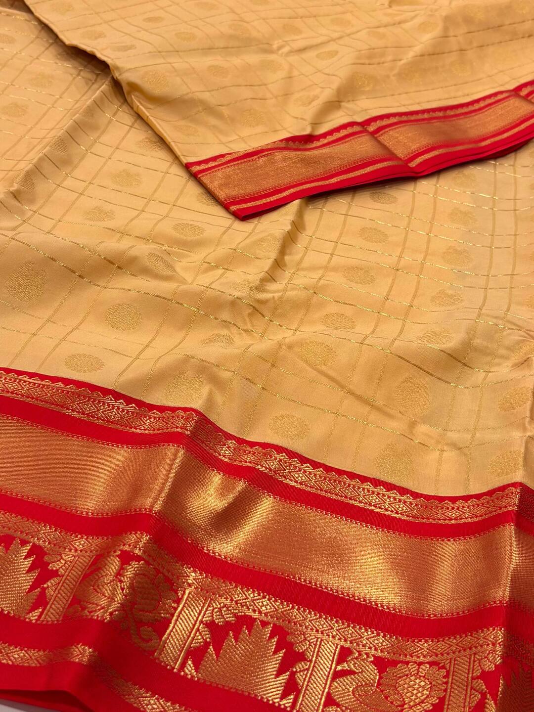 Champagne Checked Semi Kanchi Silk Saree