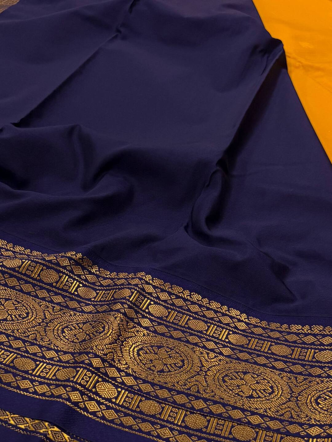 Mustard Yellow Checked Semi Kanchi Silk Saree