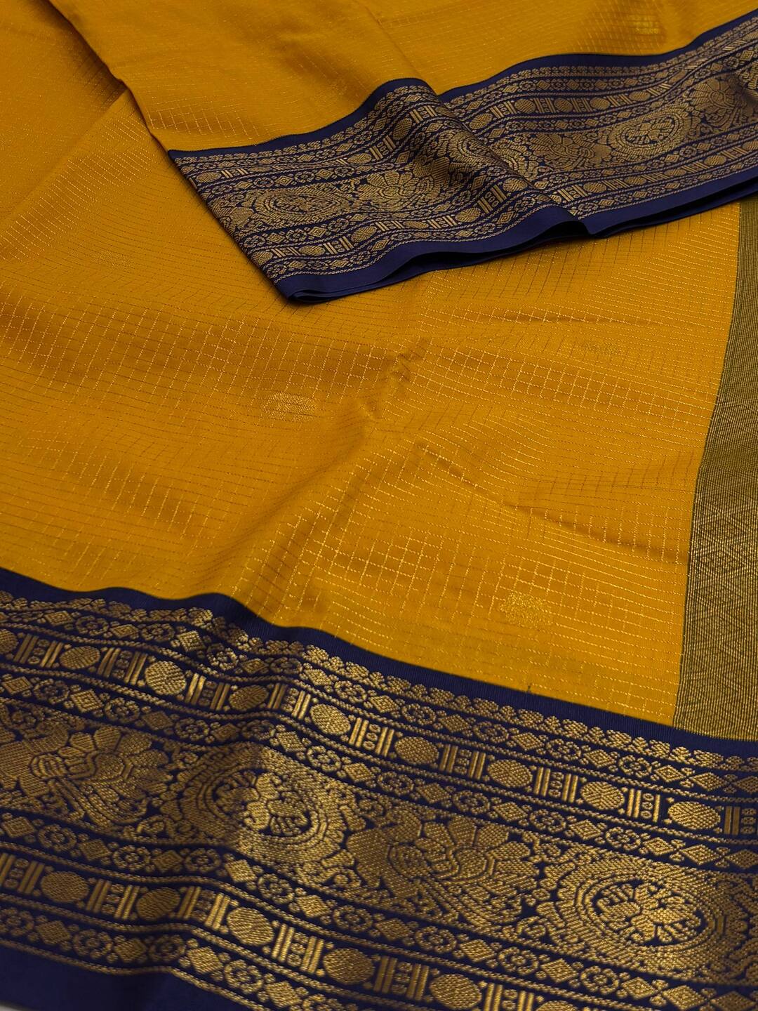 Mustard Yellow Checked Semi Kanchi Silk Saree