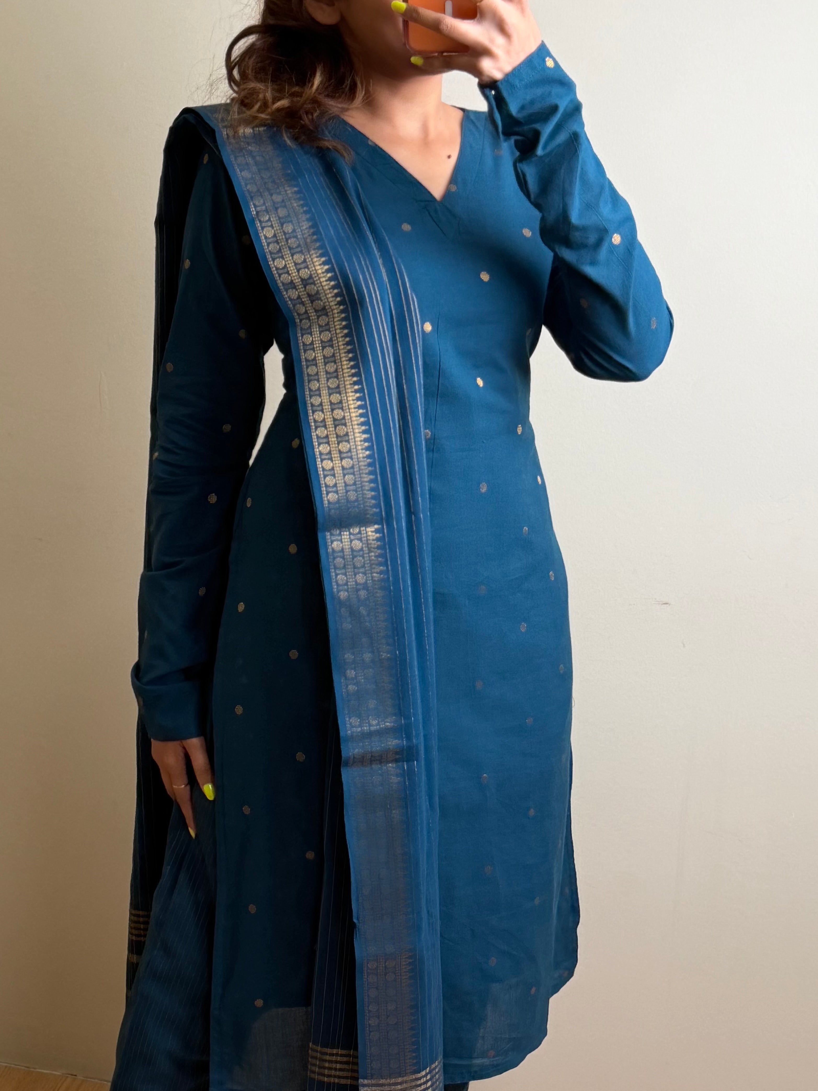 Teal Blue 3pc Cotton Kurti Suit