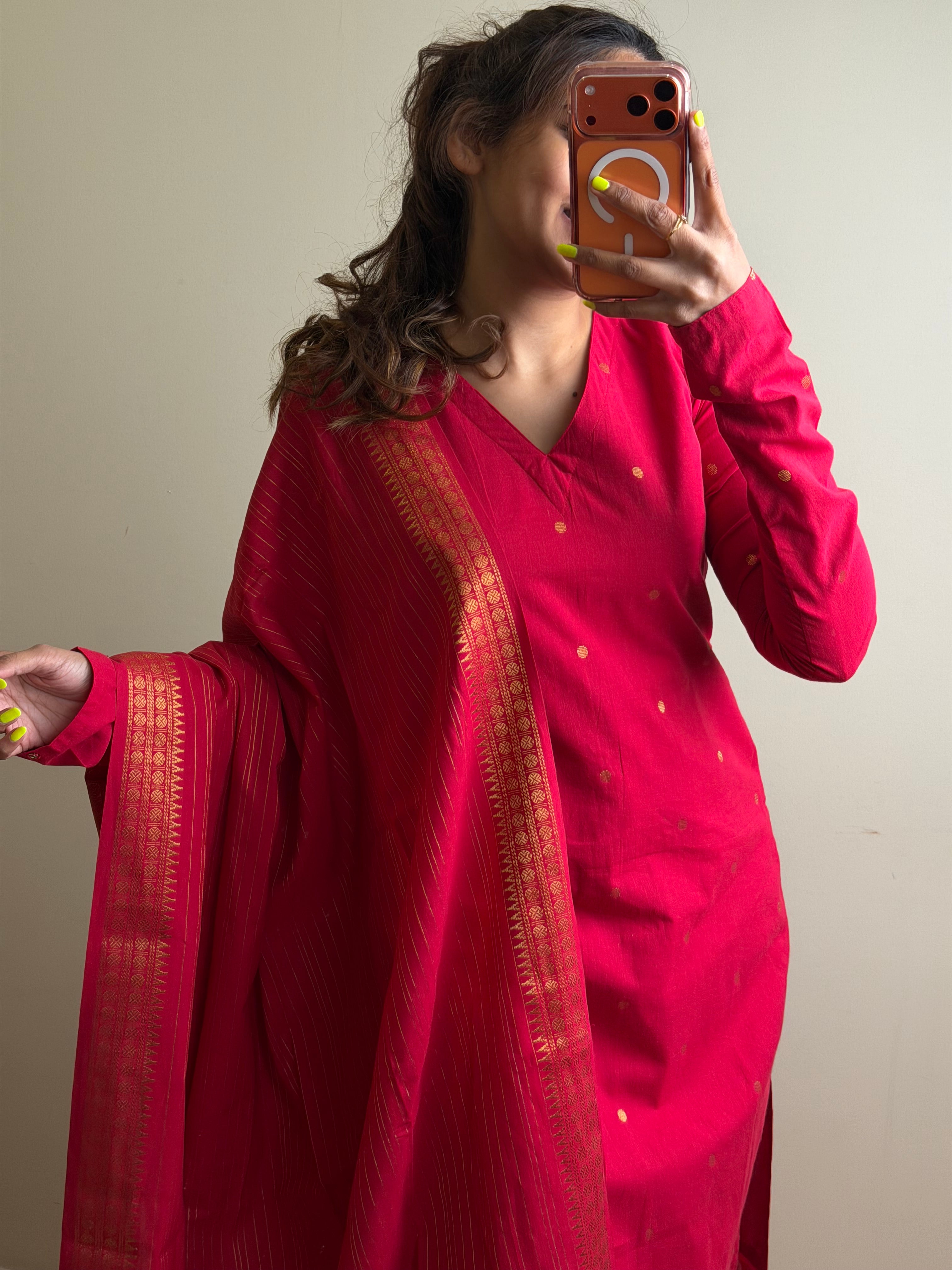 Red 3pc Cotton Kurti Suit