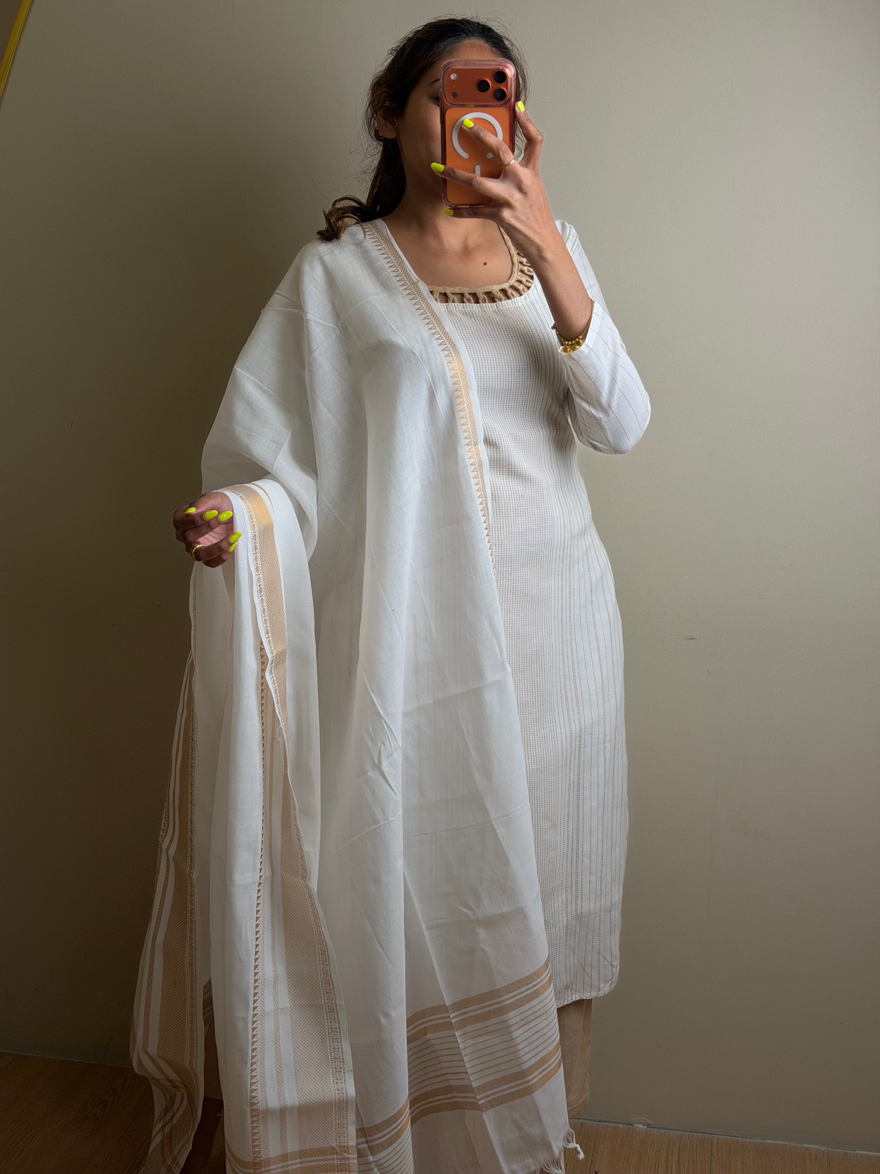 White 3pc Straight Cut Cotton Kurti Suit