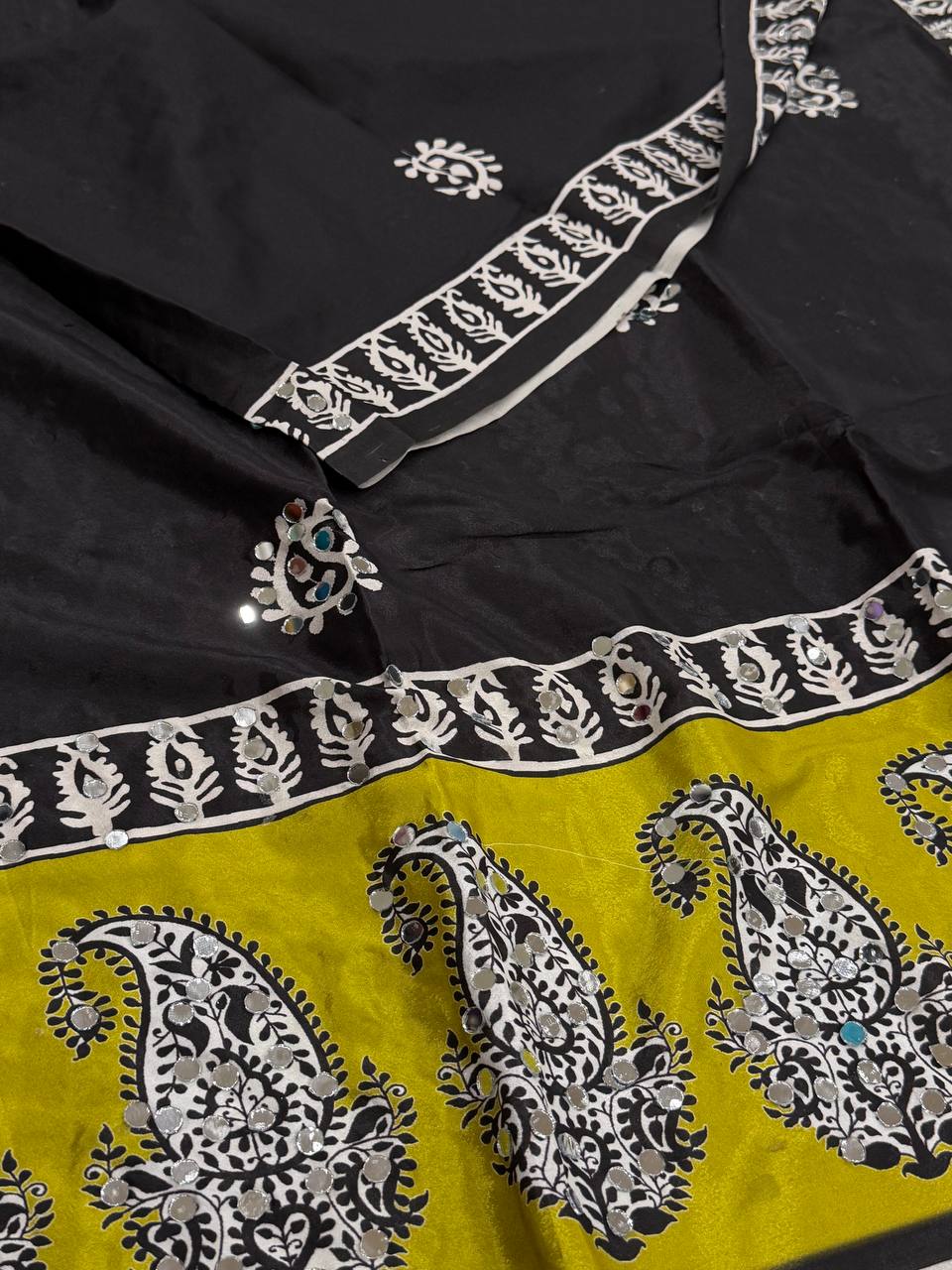 Black Ajrakh Print Modal Silk Saree with Mirror work