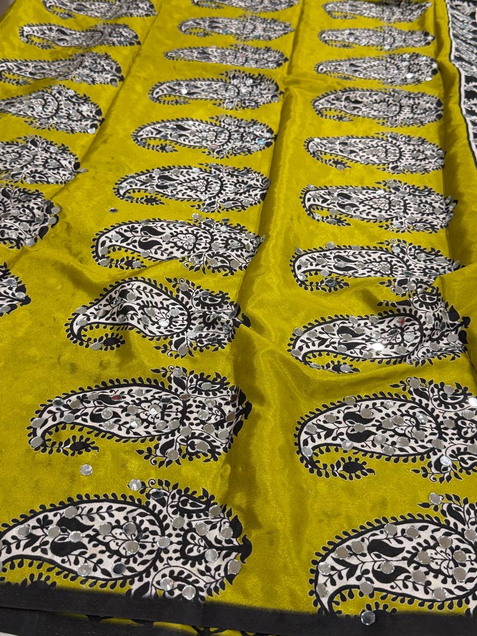 Black Ajrakh Print Modal Silk Saree with Mirror work