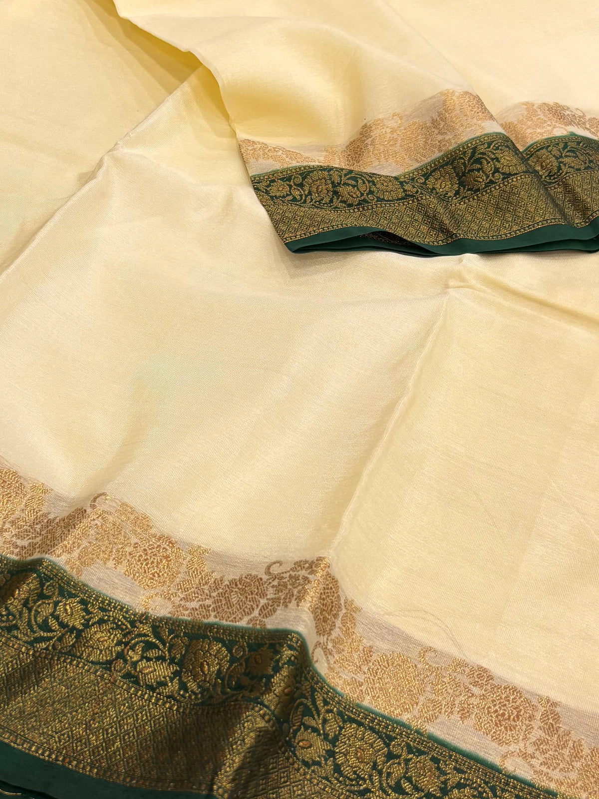 Off White With Emerald Green Banaras Cotton Silk Saree